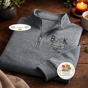 Embroidered Book Nerd Club Quarter Zip, Minimalist Book Sweatshirt