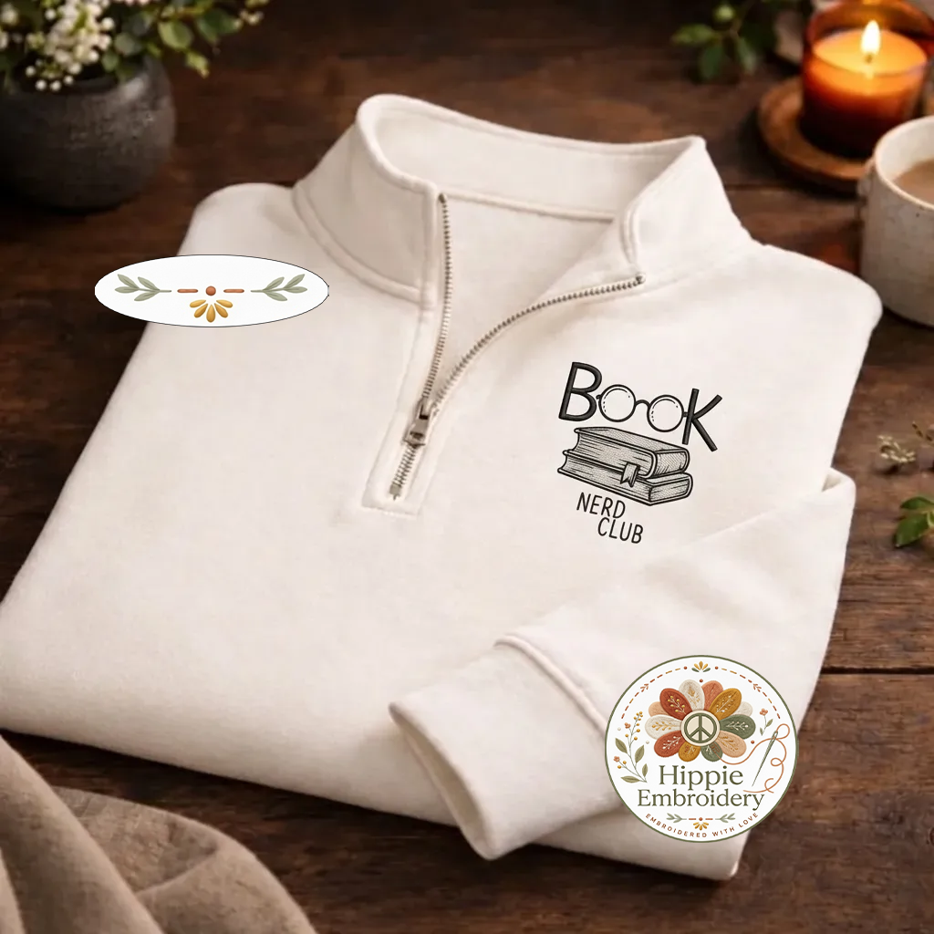 Embroidered Book Nerd Club Quarter Zip, Minimalist Book Sweatshirt