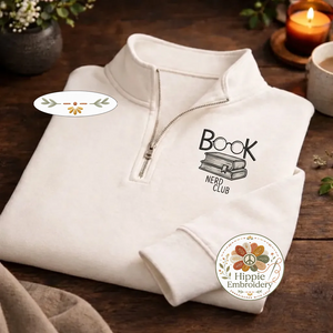 Embroidered Book Nerd Club Quarter Zip, Minimalist Book Sweatshirt