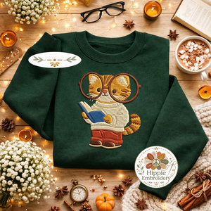 Embroidered Bookish Cat Sweatshirt, Scholarly Feline Book Shirt