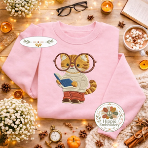 Embroidered Bookish Cat Sweatshirt, Scholarly Feline Book Shirt