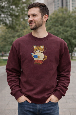Embroidered Bookish Cat Sweatshirt, Scholarly Feline Book Shirt