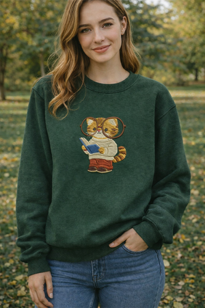 Embroidered Bookish Cat Sweatshirt, Scholarly Feline Book Shirt