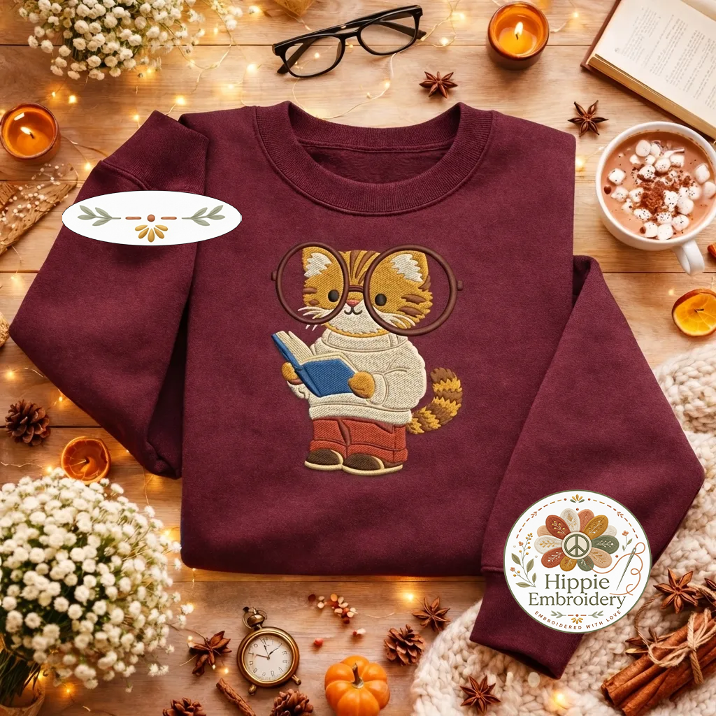 Embroidered Bookish Cat Sweatshirt, Scholarly Feline Book Shirt