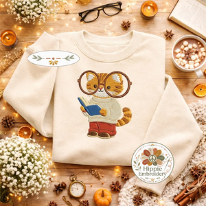 Embroidered Bookish Cat Sweatshirt, Scholarly Feline Book Shirt