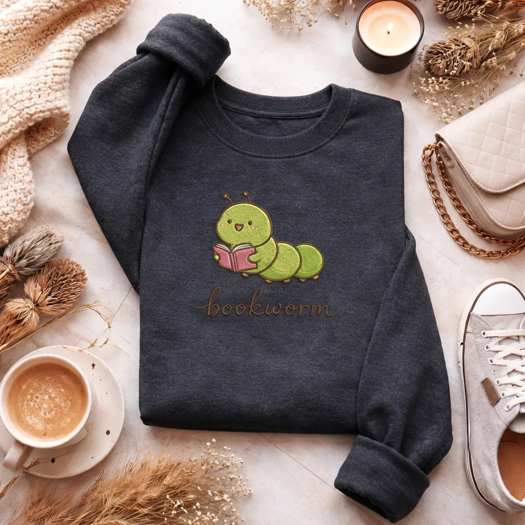 Embroidered Bookworm Sweatshirt, Cute Reading Book Top