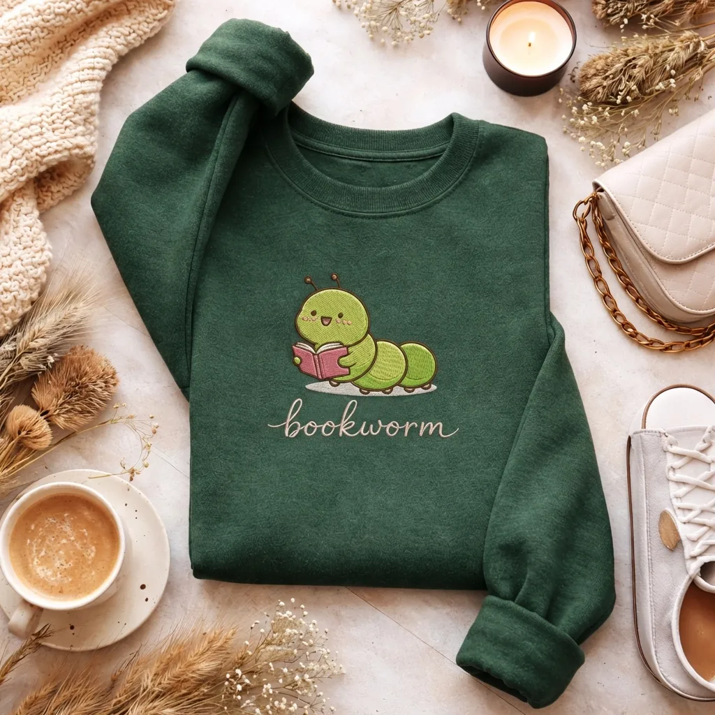 Embroidered Bookworm Sweatshirt, Cute Reading Book Top