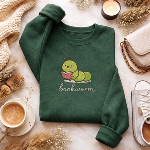 Embroidered Bookworm Sweatshirt, Cute Reading Book Top