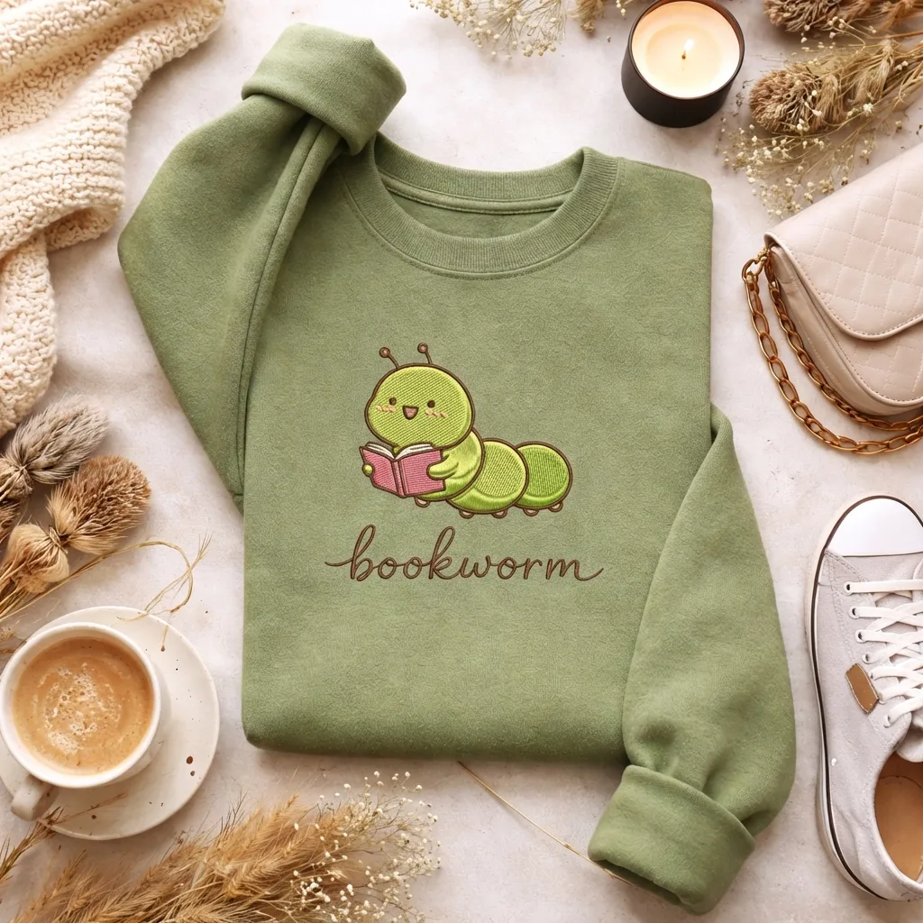 Embroidered Bookworm Sweatshirt, Cute Reading Book Top