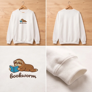 Embroidered Bookworm Sweatshirt, Nerd Sloth Crewneck for Readers