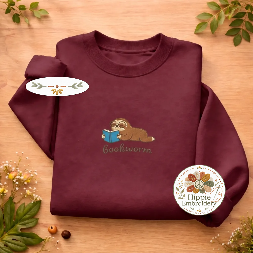 Embroidered Bookworm Sweatshirt, Nerd Sloth Crewneck for Readers