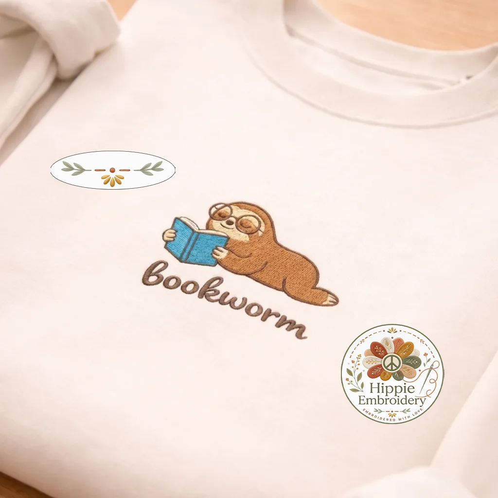 Embroidered Bookworm Sweatshirt, Nerd Sloth Crewneck for Readers