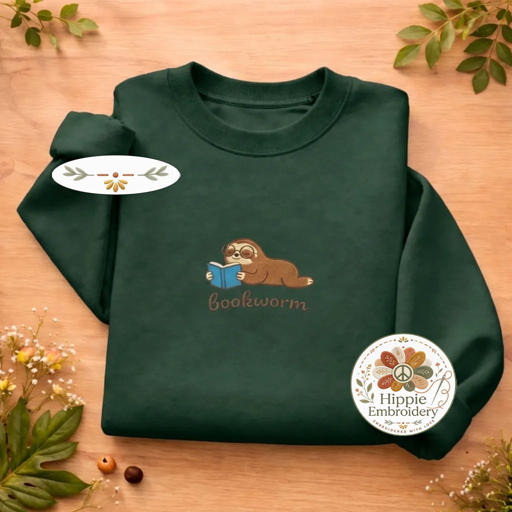 Embroidered Bookworm Sweatshirt, Nerd Sloth Crewneck for Readers
