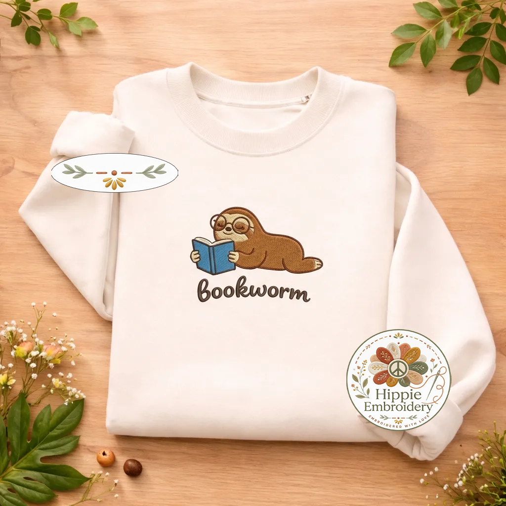 Embroidered Bookworm Sweatshirt, Nerd Sloth Crewneck for Readers