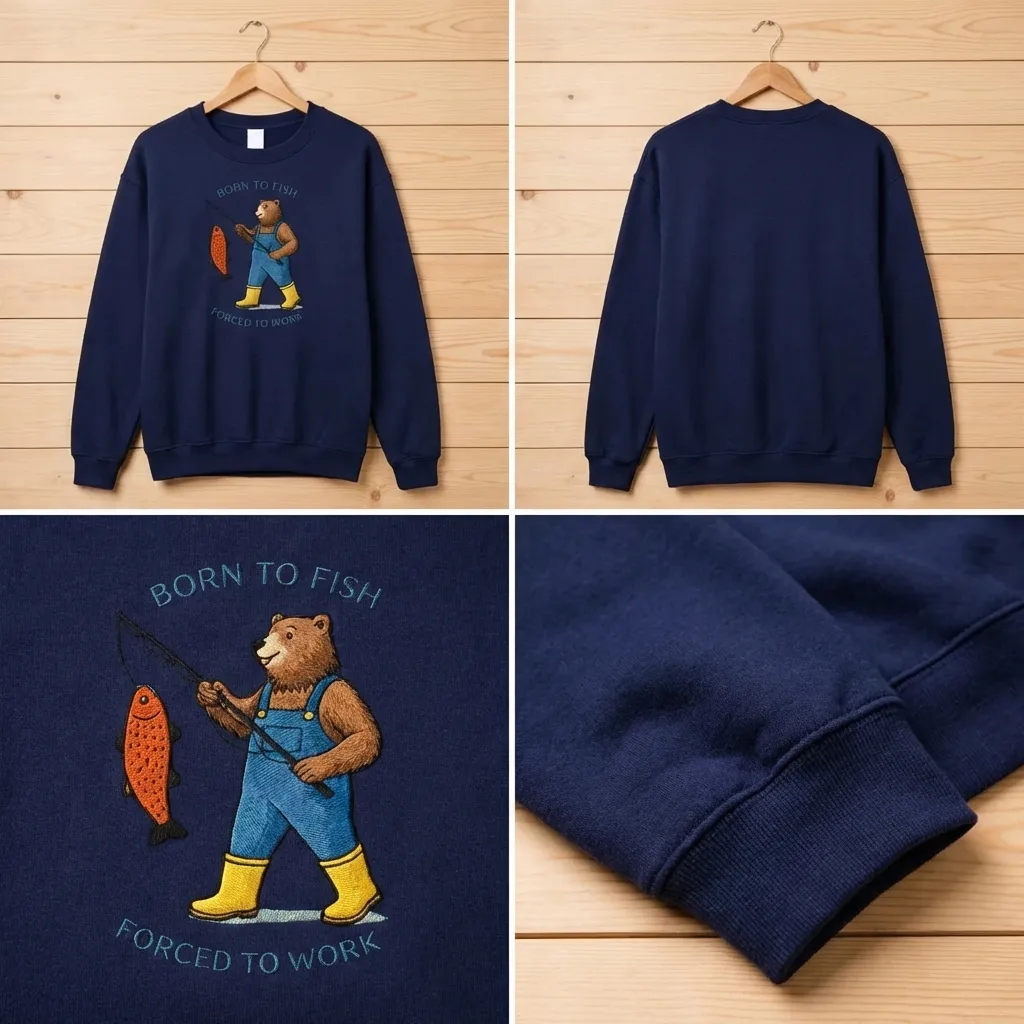 Embroidered Born To Fish Forced To Work Sweatshirt, Top