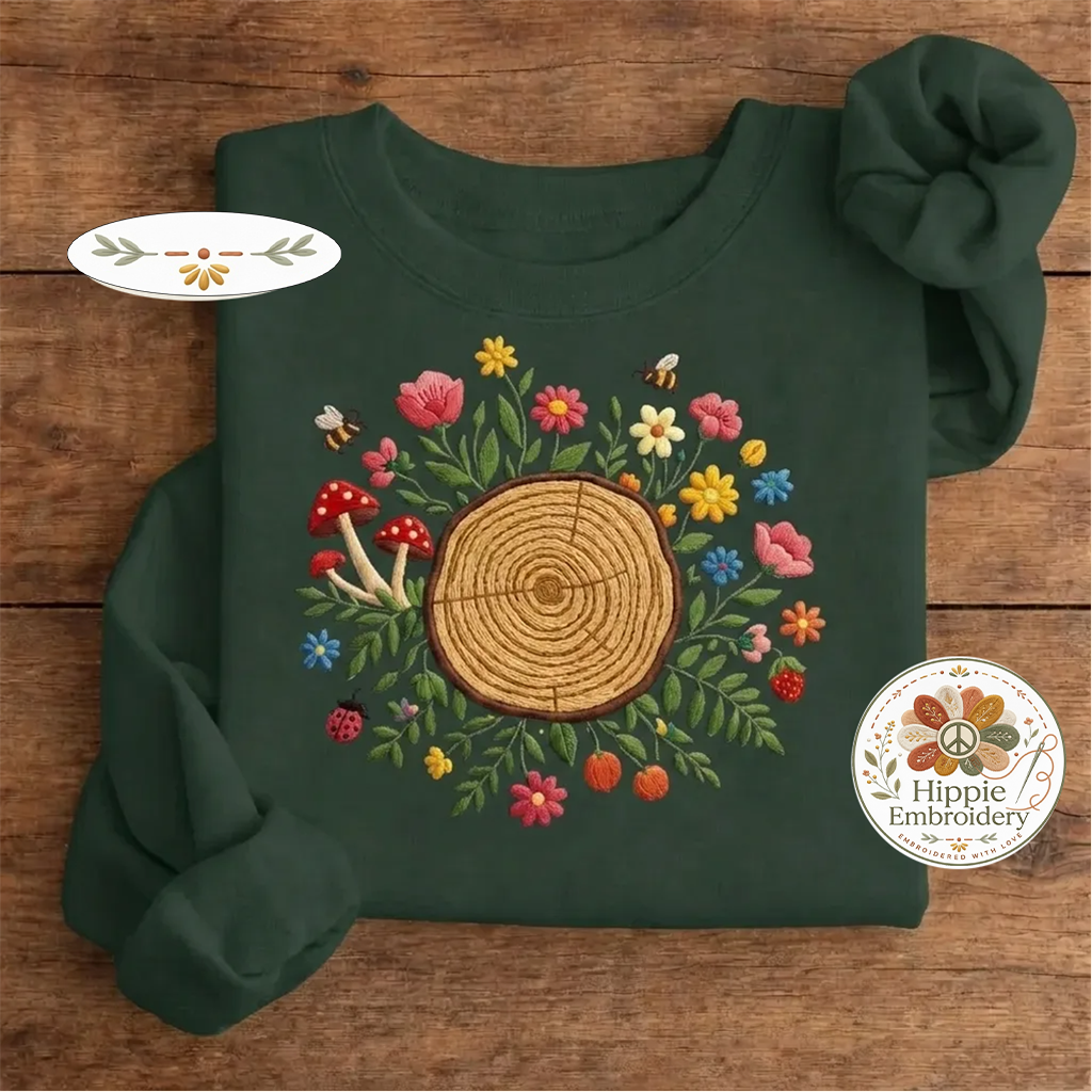 Embroidered Botanical Tree Sweatshirt, Cottagecore Nature Crew