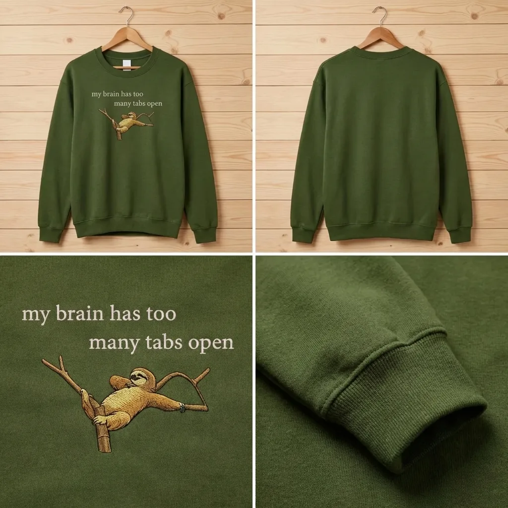 Embroidered Brain Too Many Tabs Sweatshirt, Sloth Tech Top