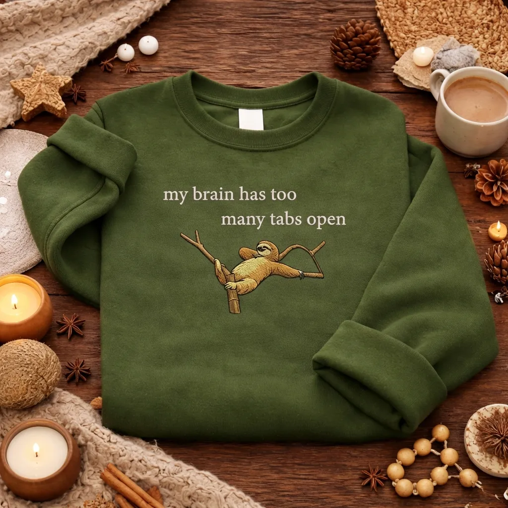 Embroidered Brain Too Many Tabs Sweatshirt, Sloth Tech Top
