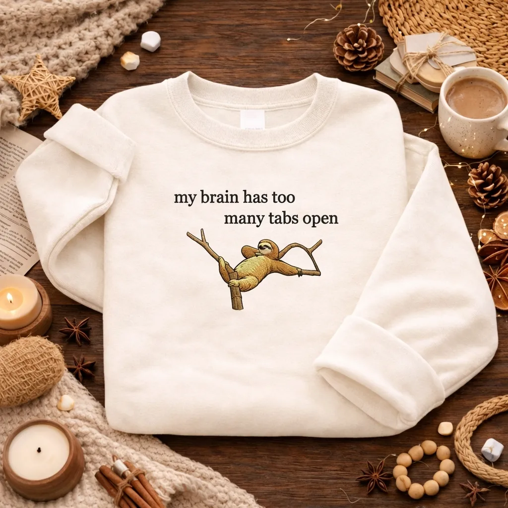 Embroidered Brain Too Many Tabs Sweatshirt, Sloth Tech Top