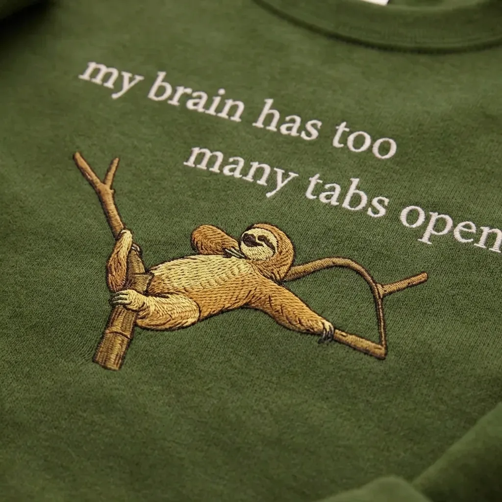 Embroidered Brain Too Many Tabs Sweatshirt, Sloth Tech Top