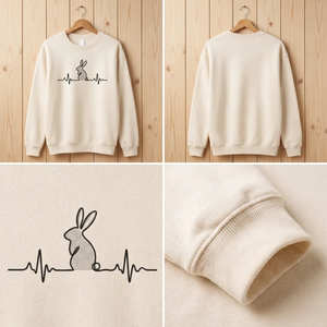 Embroidered Bunny Heartbeat Sweatshirt, Minimalist Cute Top