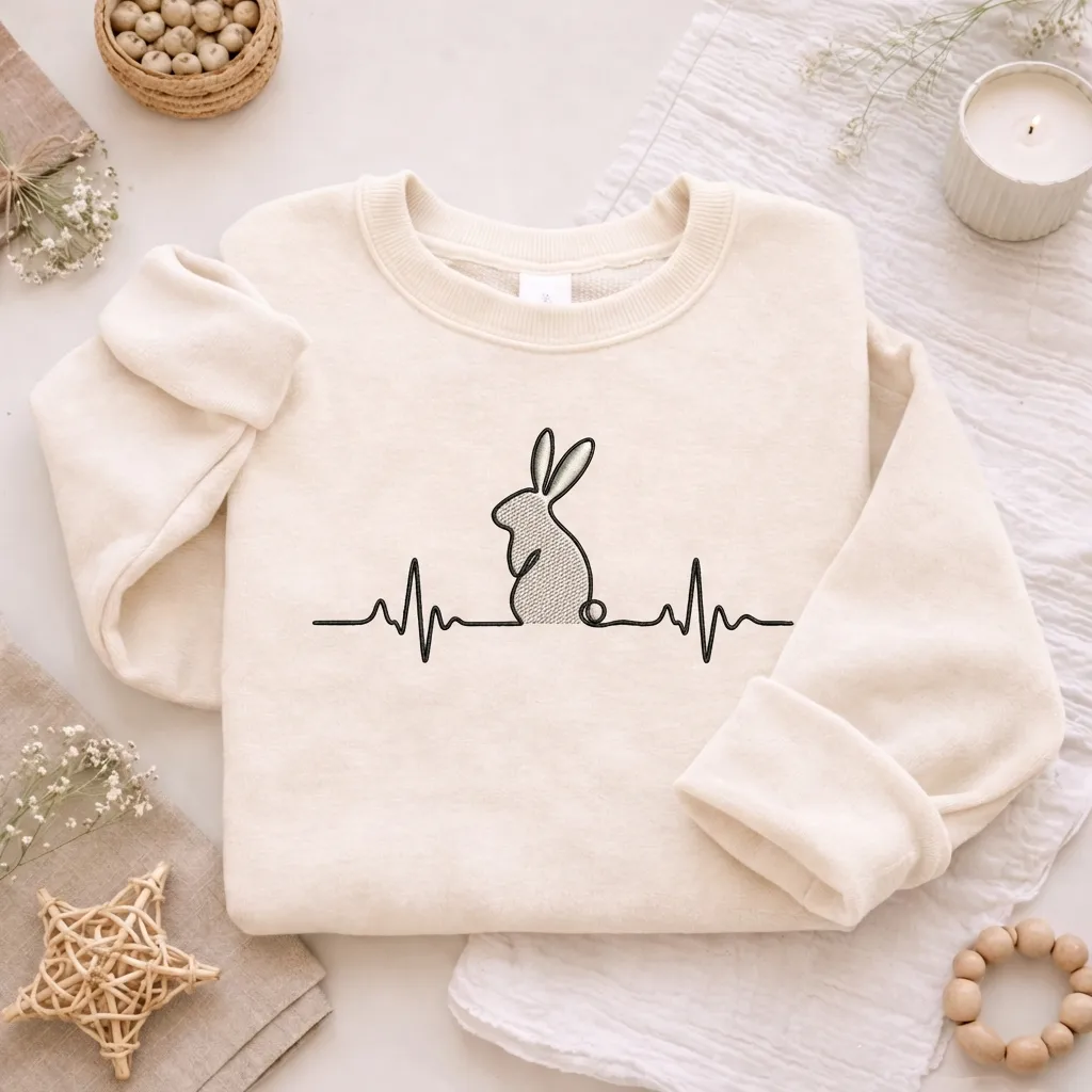 Embroidered Bunny Heartbeat Sweatshirt, Minimalist Cute Top