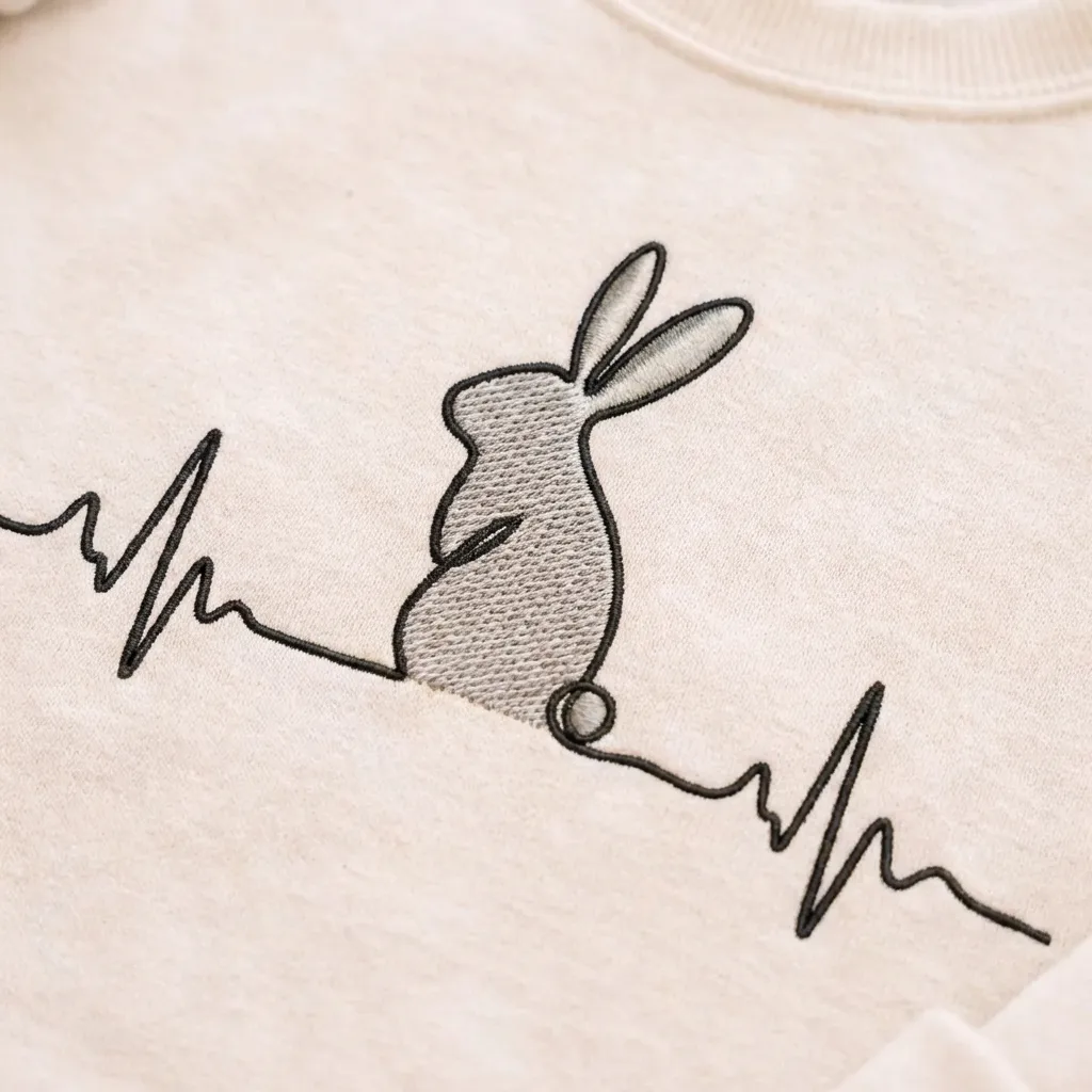 Embroidered Bunny Heartbeat Sweatshirt, Minimalist Cute Top