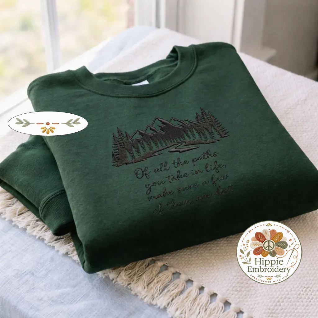 Embroidered Camping Paths Sweatshirt, Forest Hiking Nature Shirt