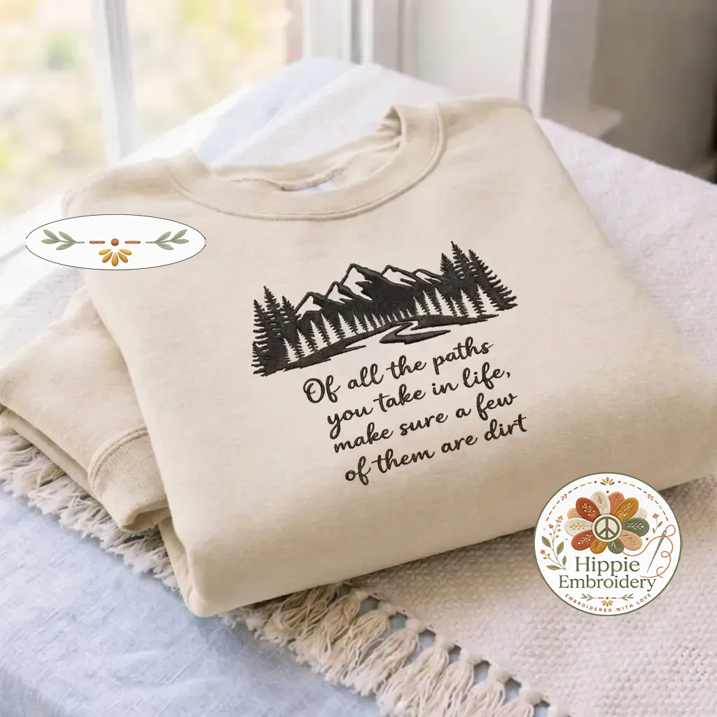 Embroidered Camping Paths Sweatshirt, Forest Hiking Nature Shirt