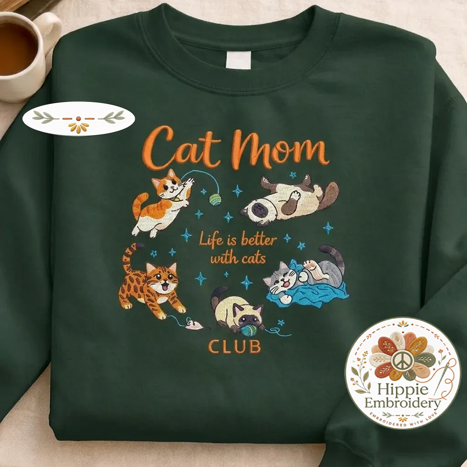 Embroidered Cat Mom Club Shirt, Playful Kittens Gift Crewneck