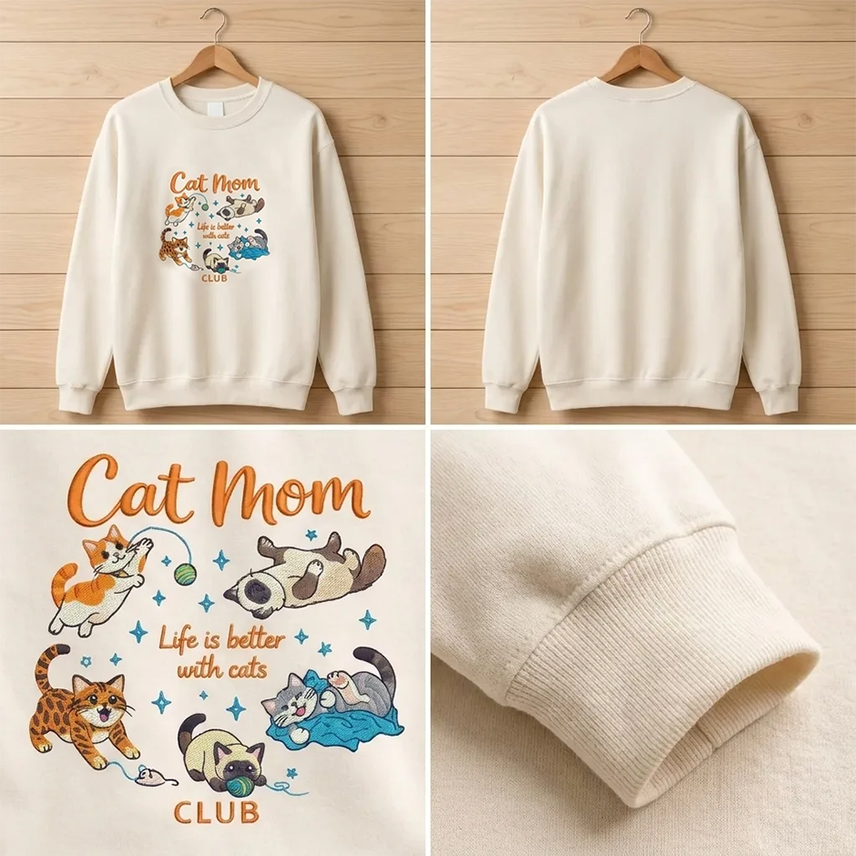 Embroidered Cat Mom Club Shirt, Playful Kittens Gift Crewneck