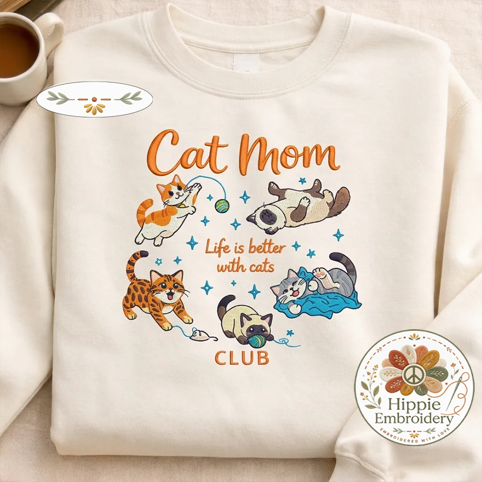 Embroidered Cat Mom Club Shirt, Playful Kittens Gift Crewneck