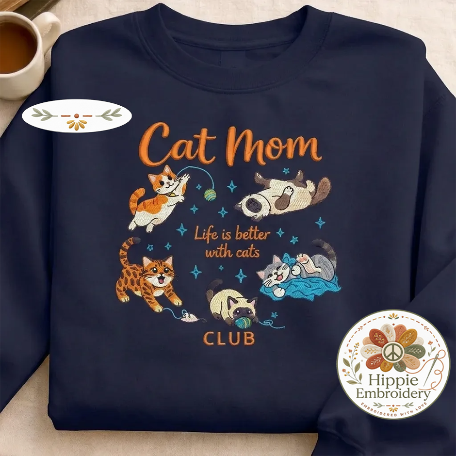 Embroidered Cat Mom Club Shirt, Playful Kittens Gift Crewneck