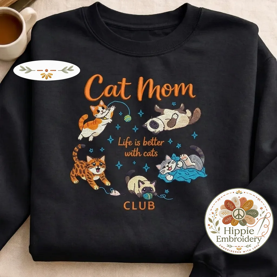 Embroidered Cat Mom Club Shirt, Playful Kittens Gift Crewneck