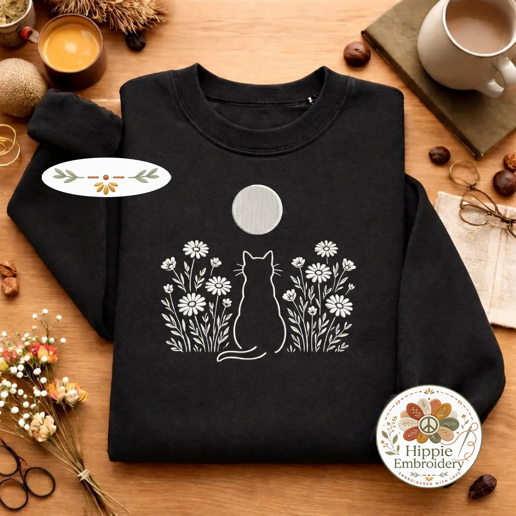 Embroidered Cat Moon Meadow Sweatshirt, Cottagecore Garden Top