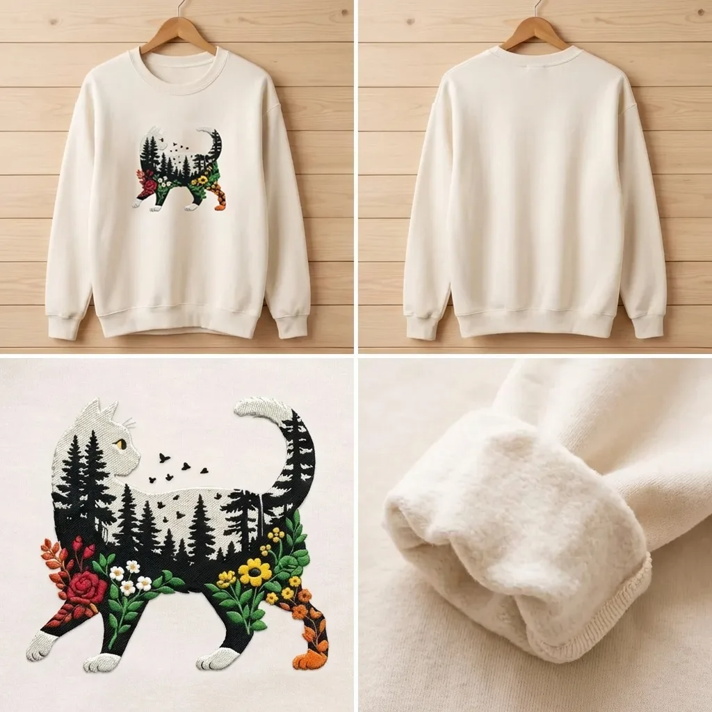 Embroidered Cat Nature Forest Sweatshirt, Floral Feline Crewneck