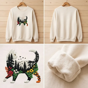 Embroidered Cat Nature Forest Sweatshirt, Floral Feline Crewneck