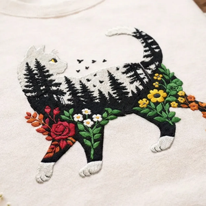 Embroidered Cat Nature Forest Sweatshirt, Floral Feline Crewneck