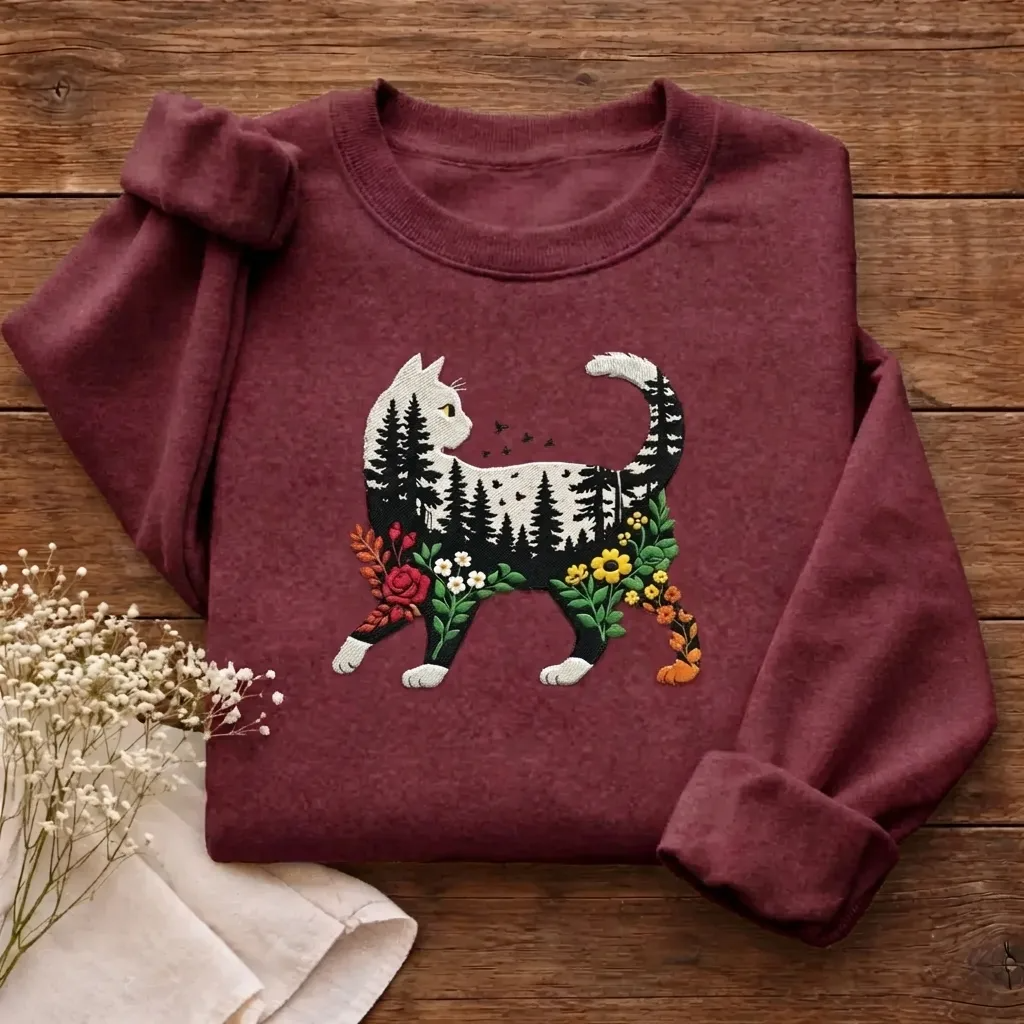 Embroidered Cat Nature Forest Sweatshirt, Floral Feline Crewneck