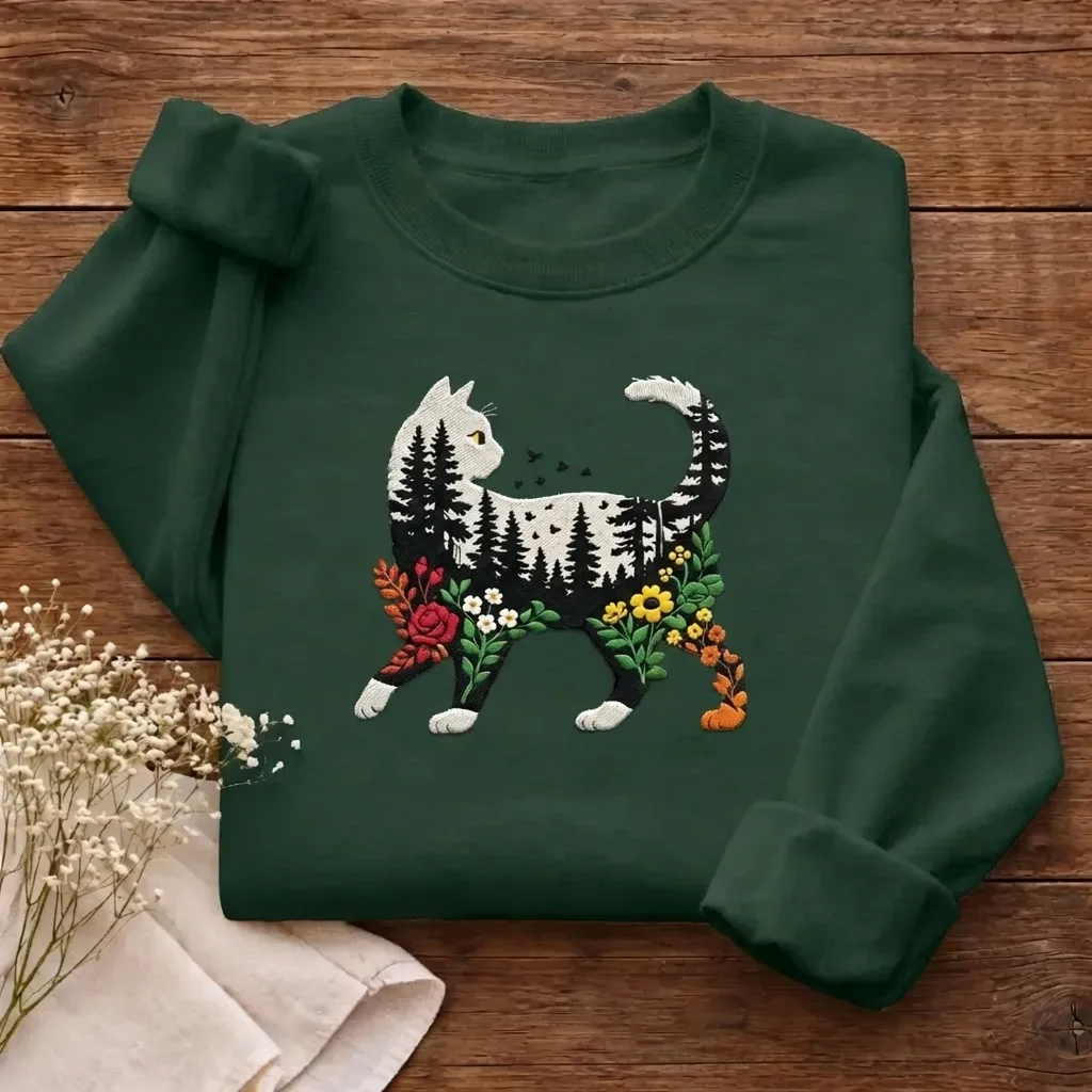 Embroidered Cat Nature Forest Sweatshirt, Floral Feline Crewneck