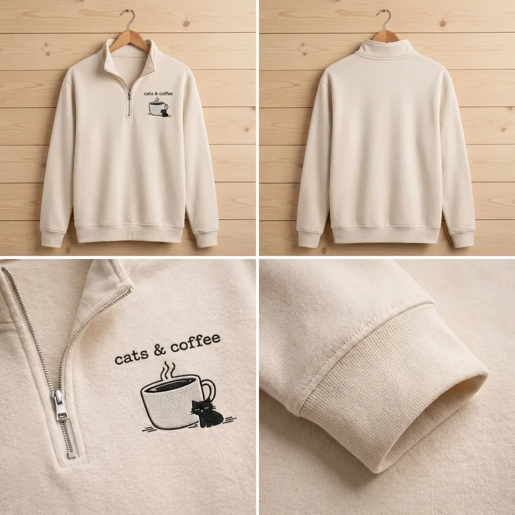 Embroidered Cats Coffee Quarter Zip, Minimalist Black Cat Shirt