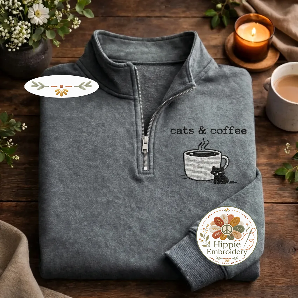 Embroidered Cats Coffee Quarter Zip, Minimalist Black Cat Shirt