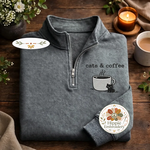 Embroidered Cats Coffee Quarter Zip, Minimalist Black Cat Shirt