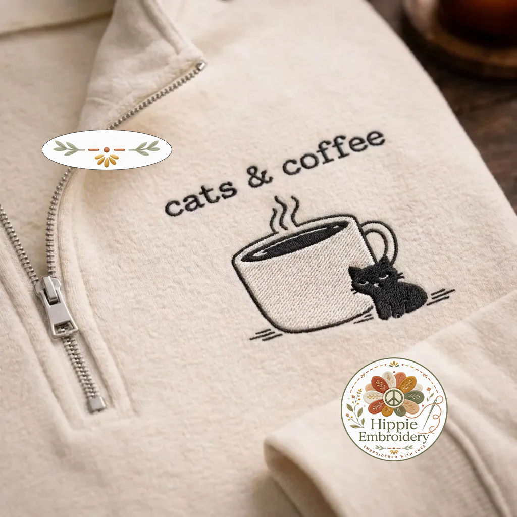Embroidered Cats Coffee Quarter Zip, Minimalist Black Cat Shirt