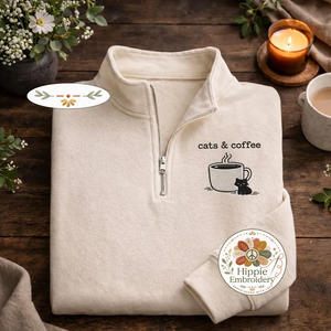 Embroidered Cats Coffee Quarter Zip, Minimalist Black Cat Shirt