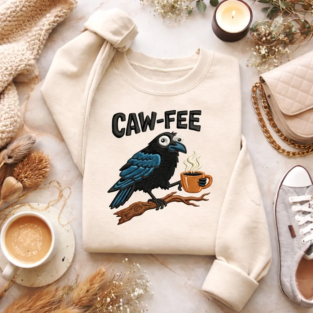 Embroidered Caw-fee Crow Sweatshirt, Funny Coffee Pun Shirt