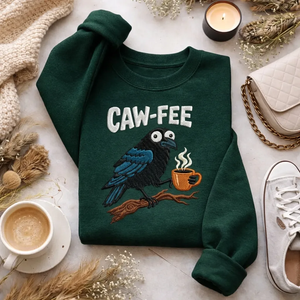 Embroidered Caw-fee Crow Sweatshirt, Funny Coffee Pun Shirt