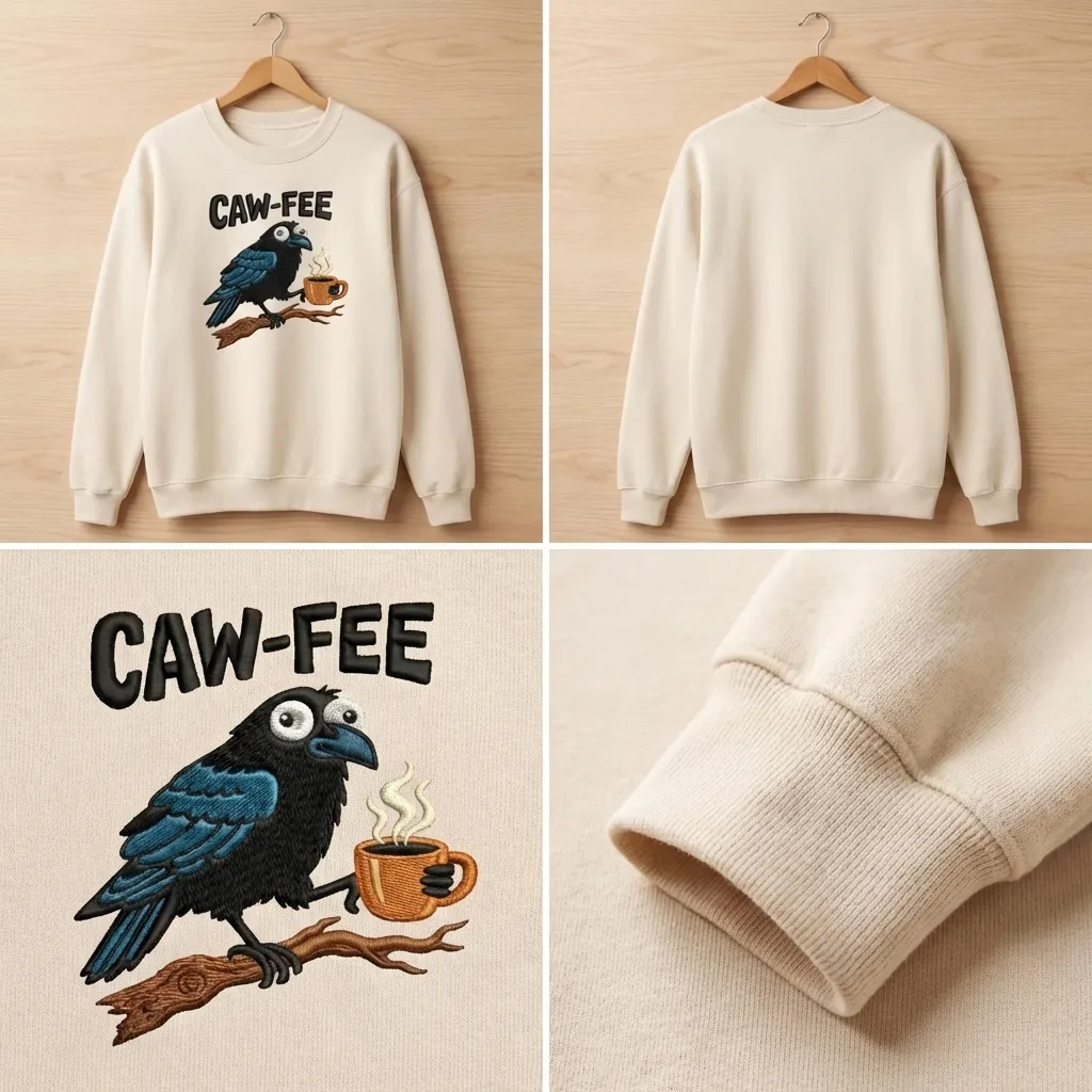 Embroidered Caw-fee Crow Sweatshirt, Funny Coffee Pun Shirt
