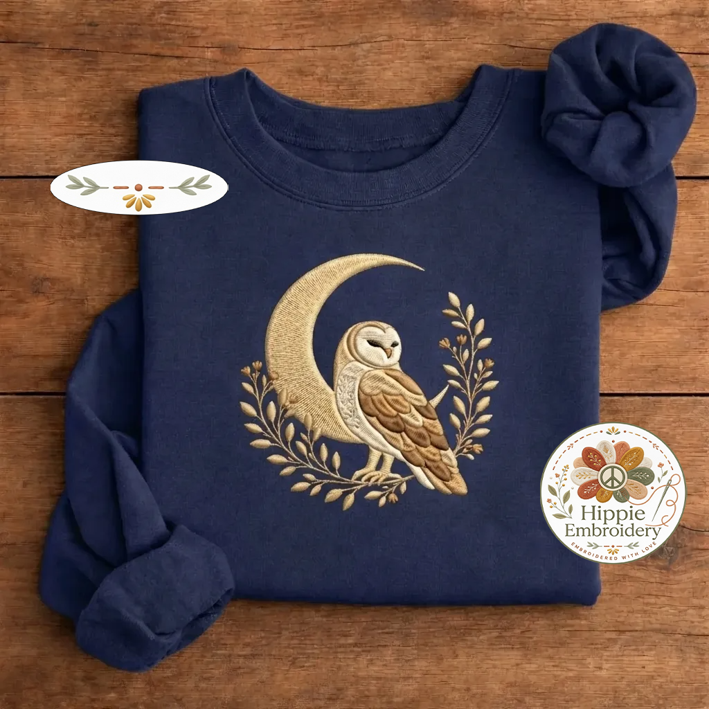 Embroidered Celestial Barn Owl Sweatshirt, Cottagecore Moon Crewneck