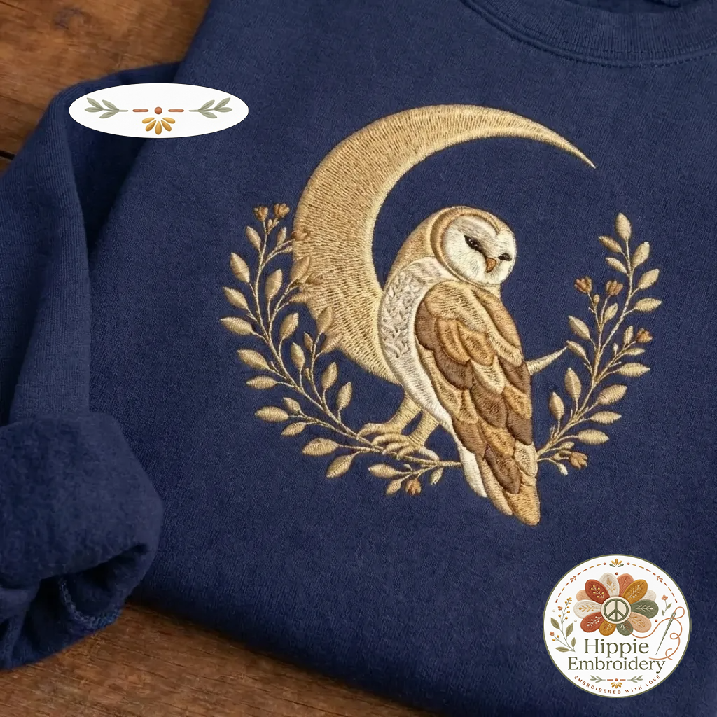 Embroidered Celestial Barn Owl Sweatshirt, Cottagecore Moon Crewneck